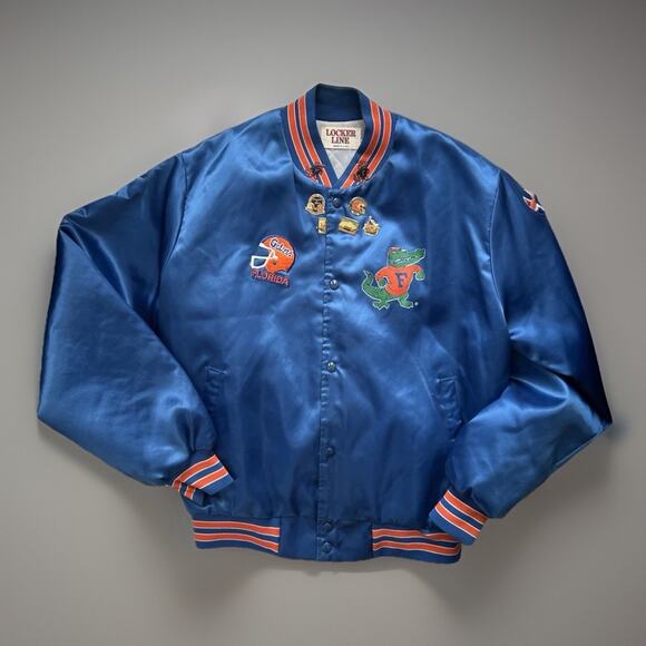 Vtg Locker Line Florida Gators Satin Bomber Jacket L Custom Patches Pins 90s USA - Picture 2 of 16